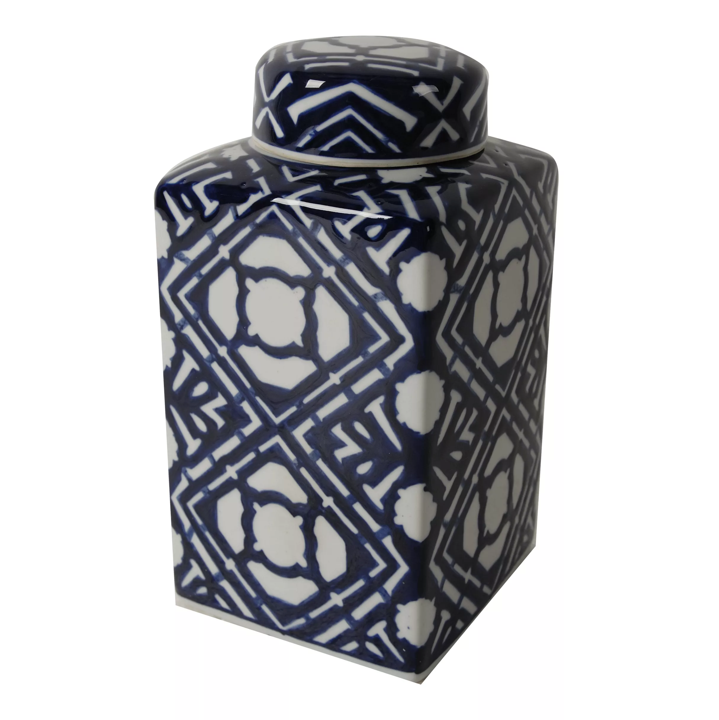10 Inch Lidded Jar, Porcelain Construction, Deep Blue Graphic Trellis - Benzara