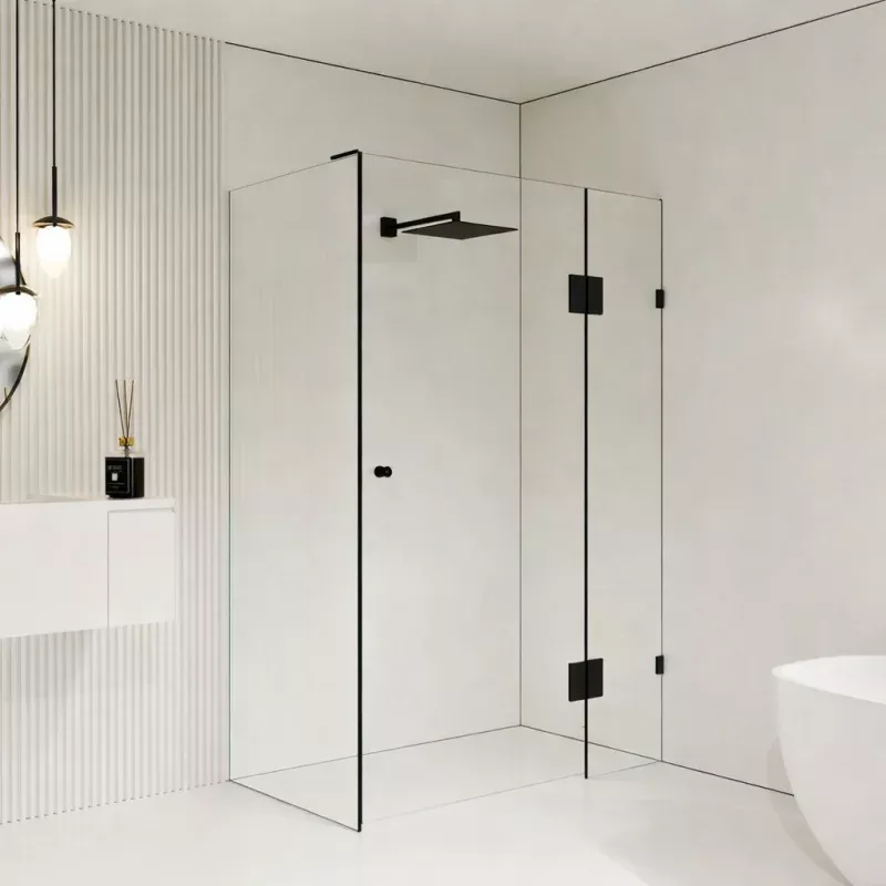 10mm Frameless Shower Screen with Hinged door - Matte Black Fitting