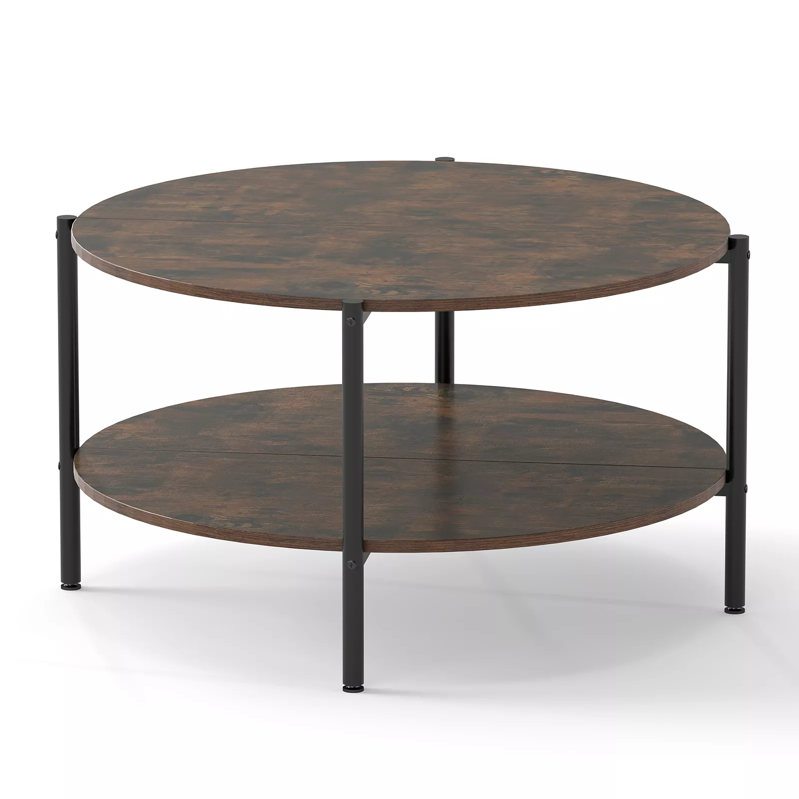 2 Tier Round Industrial Coffee Table with Open Storage Shelf-Rustic Brown