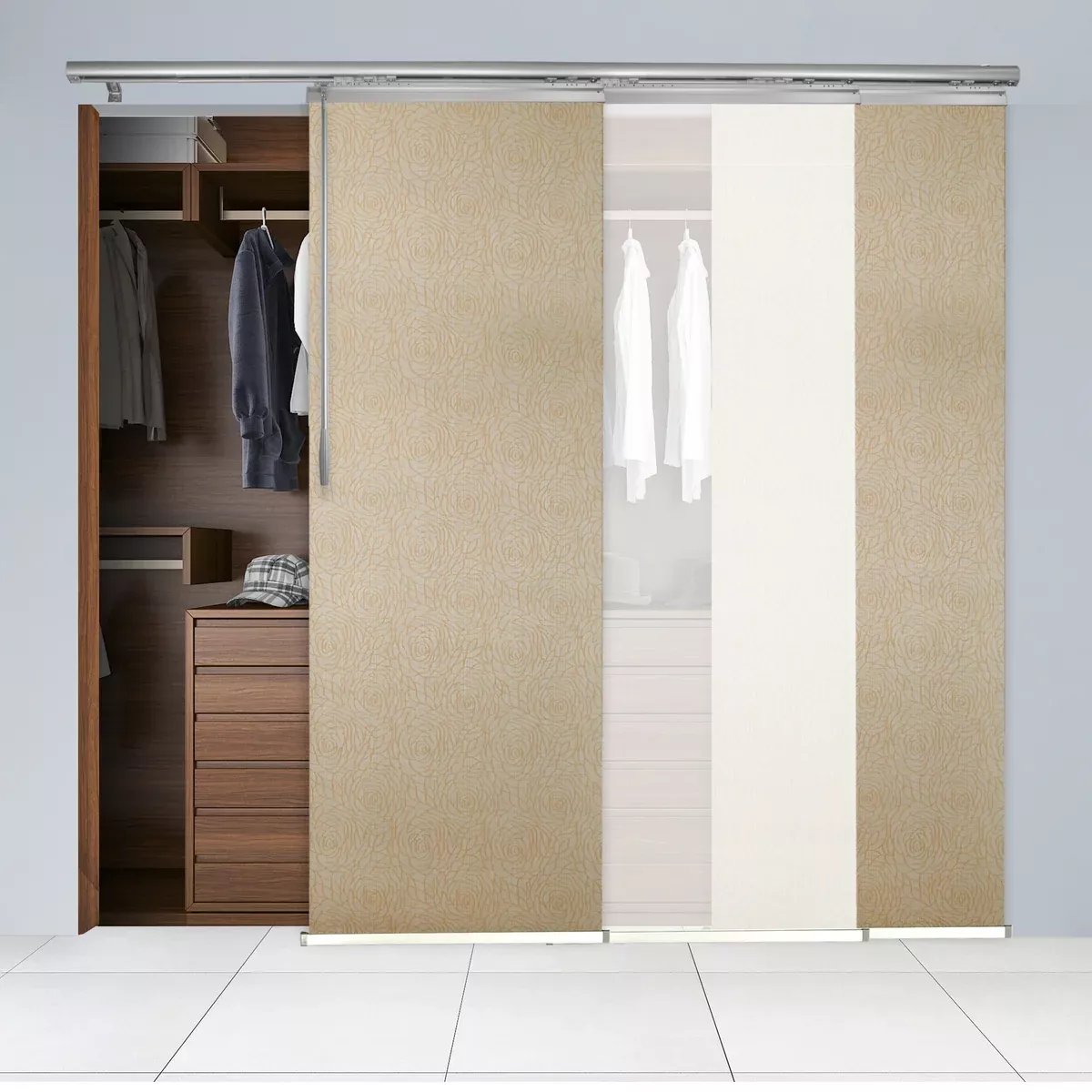 3-Panel Single Rail Panel Track Blind Extendable 36"-66"W x 91.4"H, Panel width 23.5", Winter, Marisol
