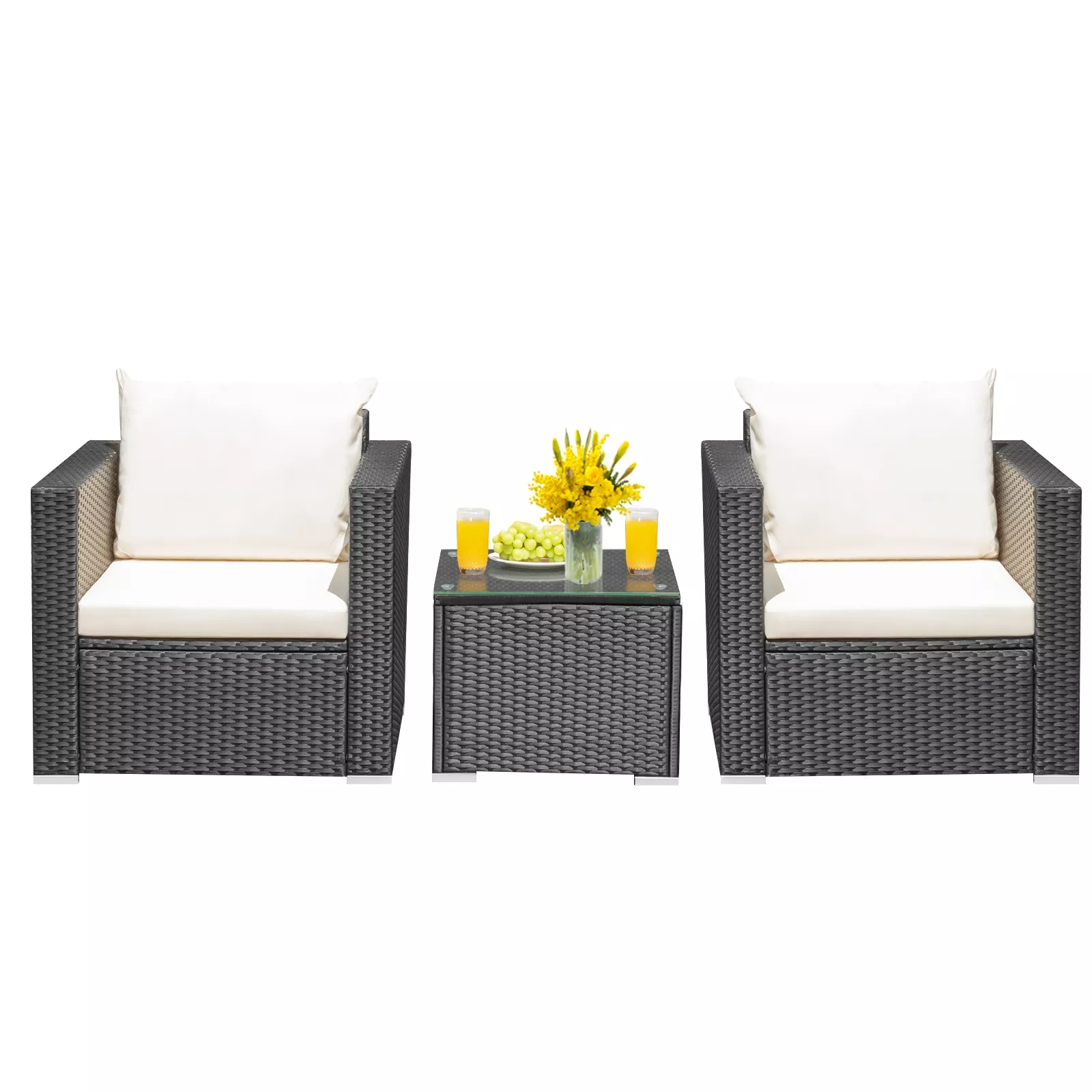 3 Pieces Patio Wicker Conversation Set with Cushion