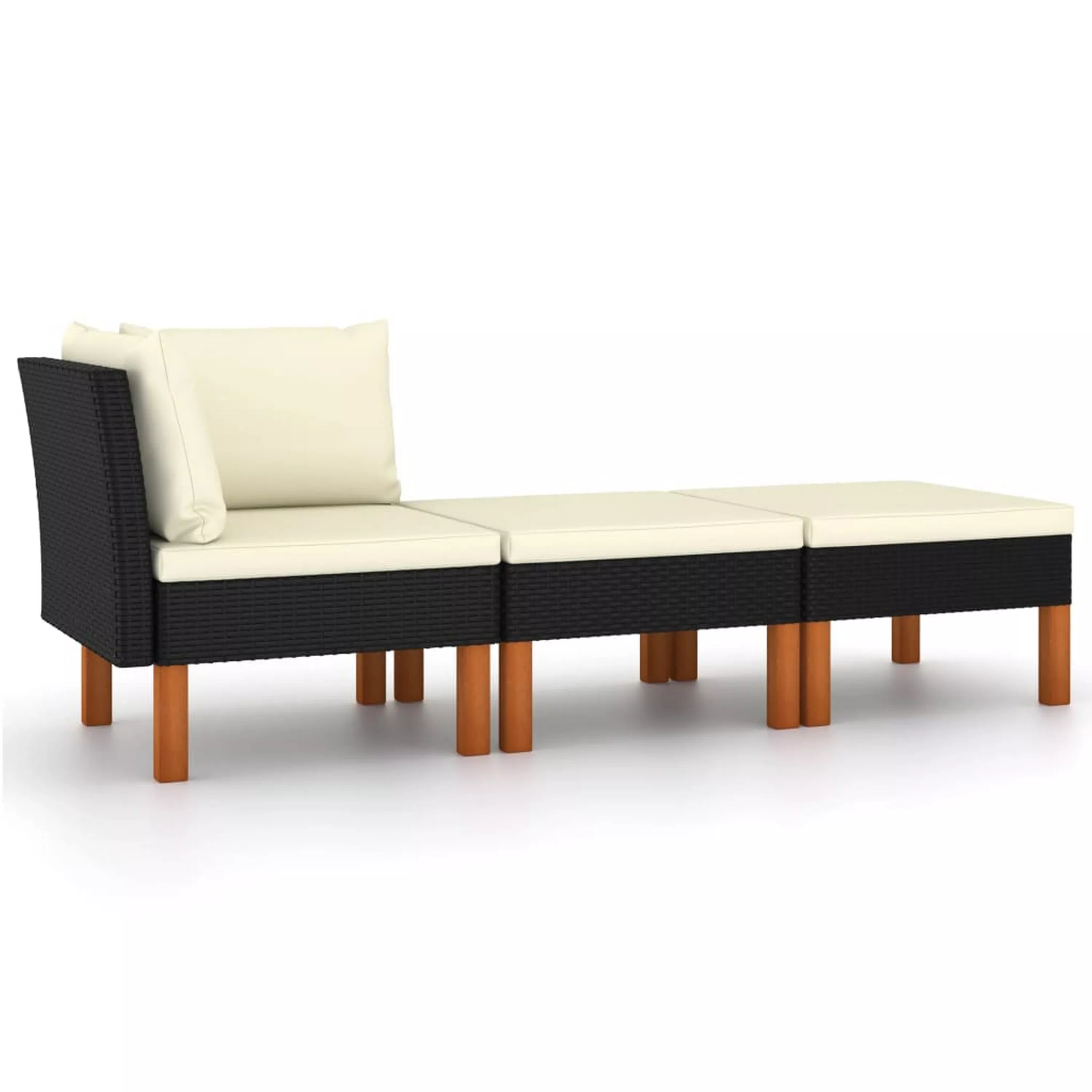 3pc Outdoor Modular Corner Sofa Set, Black Poly Rattan Ivory Polyester - Benzara