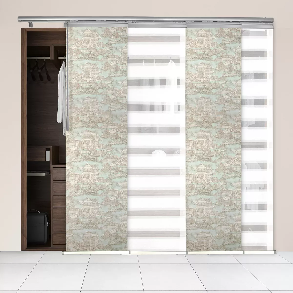 4-Panel Single Rail Panel Track Blind Extendable 48"-88"W x 91.4"H, Panel width 23.5", Lotus, Dove