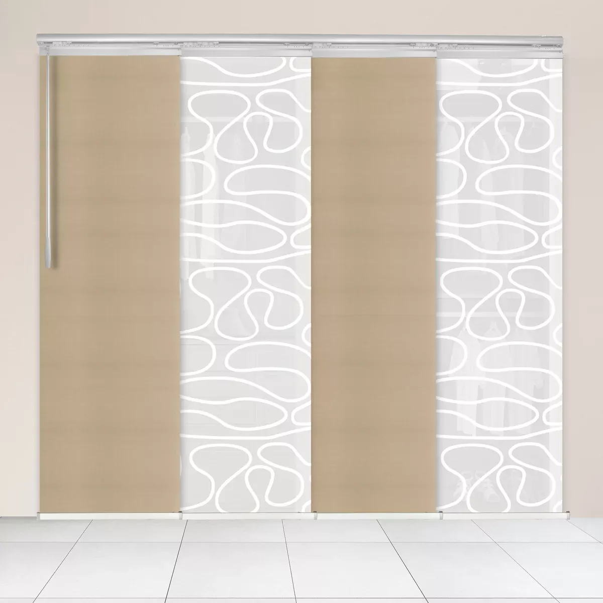 4-Panel Single Rail Panel Track Extendable 48"-88"W x 91.4"H, Panel width 23.5", Whirl White, Dunmore Cream