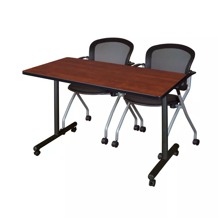 48 x 24 Cherry Mobile Training Table & Black Cadence Chairs Set - Regency Seating