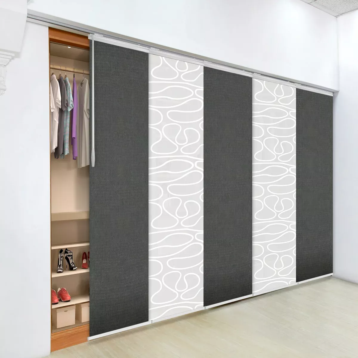 5-Panel Single Rail Panel Track Blind Extendable 58"-110"W x 91.4"H, Panel width 23.5", Lotus, Carolyn