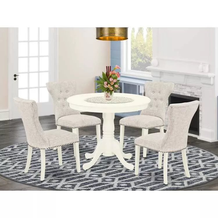 5-Pc Dinette Set Round Dining Table 4 Linen Chairs White Finish