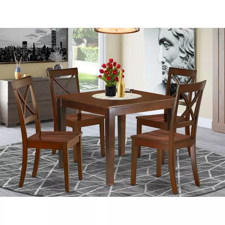 5 Piece Dining Set - Square Table & 4 Chairs - Mahogany Finish
