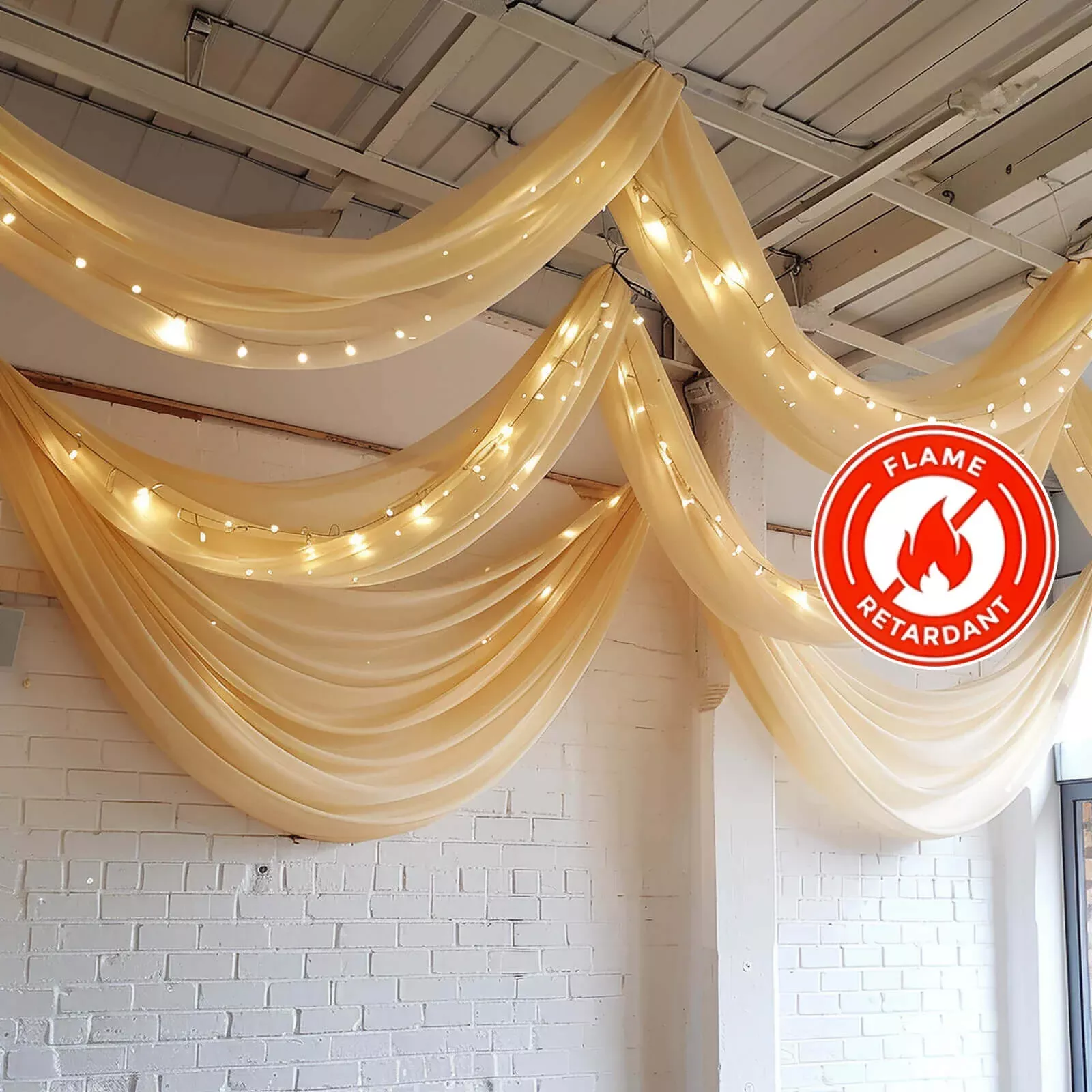 5ftx32ft Champagne Chiffon Curtain Panel, Durable Flame Resistant Backdrop Ceiling Drapery With Rod Pocket