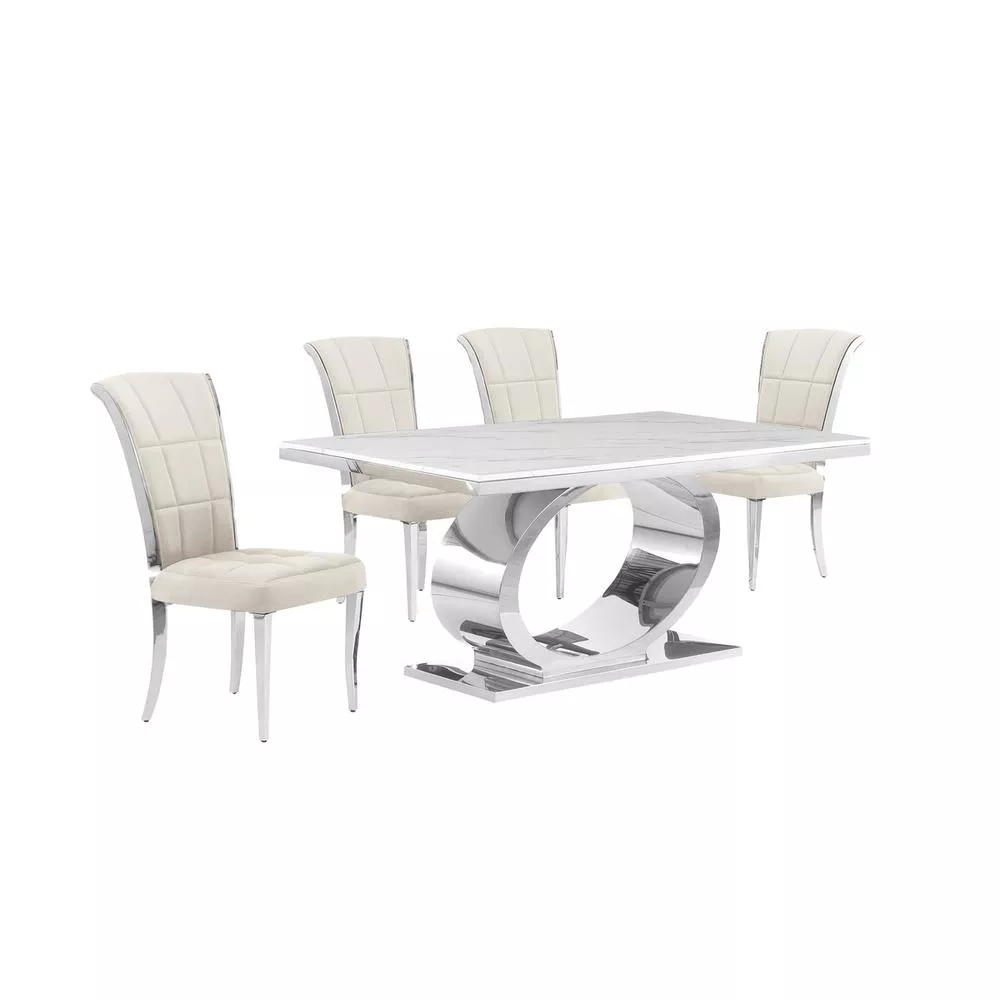5pc Small(48") marble top dining set with silver base and 4 Cream side chairs