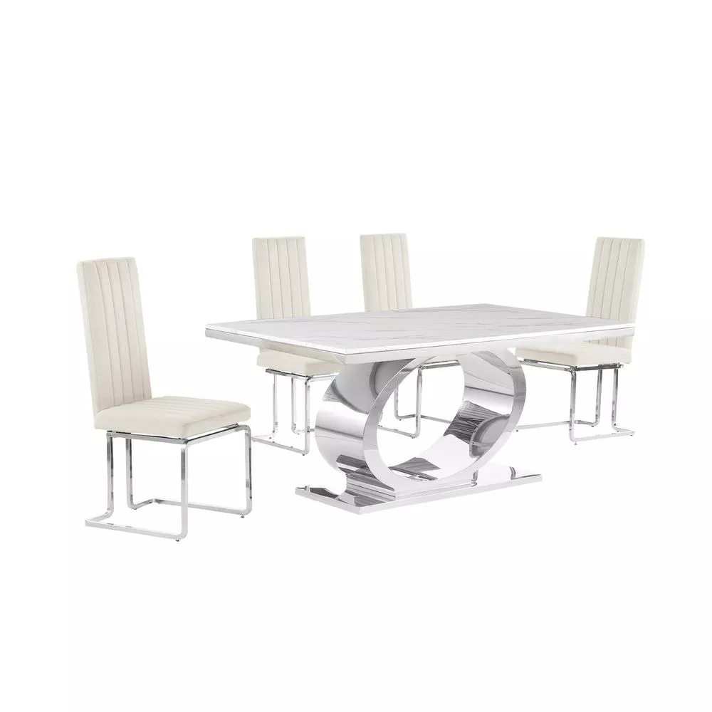 5pc Small(68") marble top dining set with silver base and 4 Cream side chairs