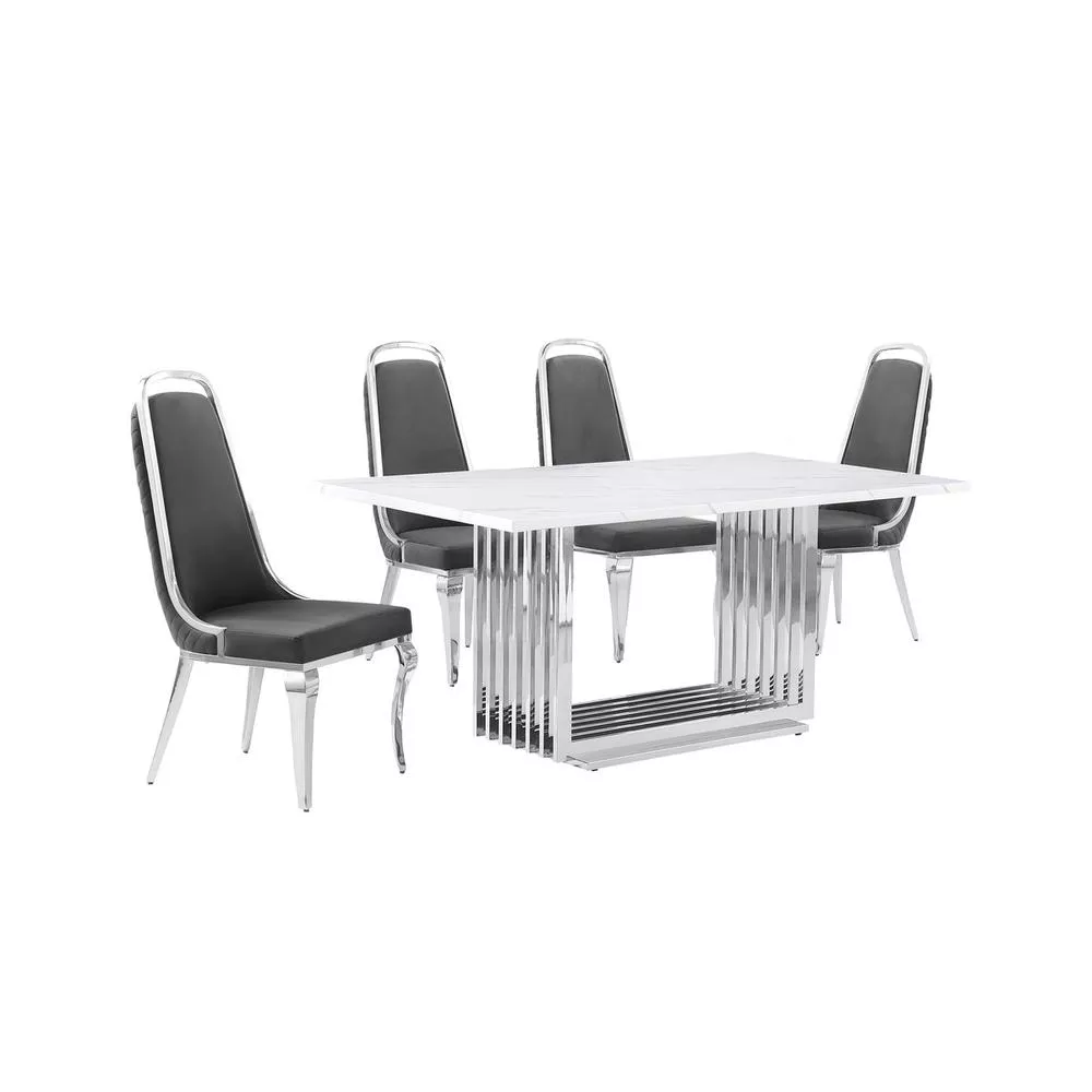 5pc Small(68") marble top dining set with silver base and 4 Dark grey chairs