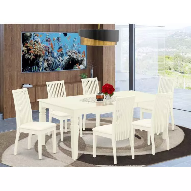 7Pc Dinette Set, Rectangular Kitchen Table & Linen White Dining Chairs