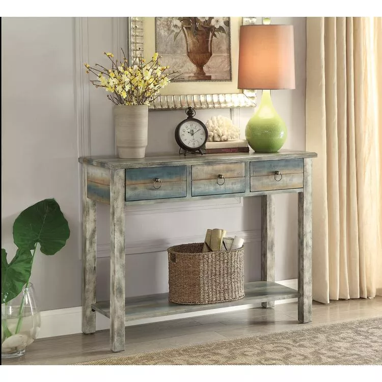 ACME Antique White Teal Console Table - Glancio Design