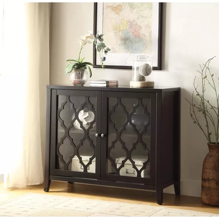 ACME Black Console Table with Storage - Classic Fretwork Design