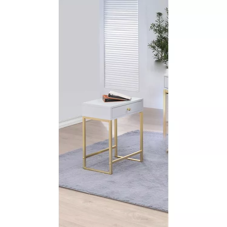 ACME Modern White Brass Side Table with Drawer - Small Accent Table