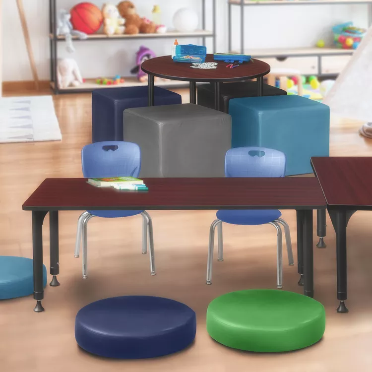 Adjustable Height Classroom Table Mahogany Navy Blue Chairs - Regency Seating
