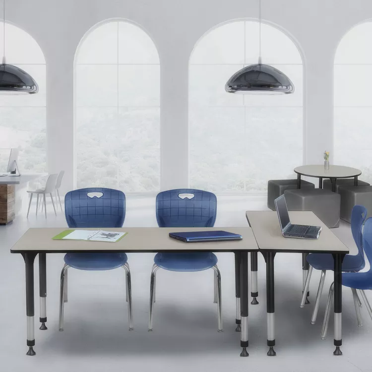Adjustable Height Classroom Table Maple Navy Blue Chairs - Regency Seating