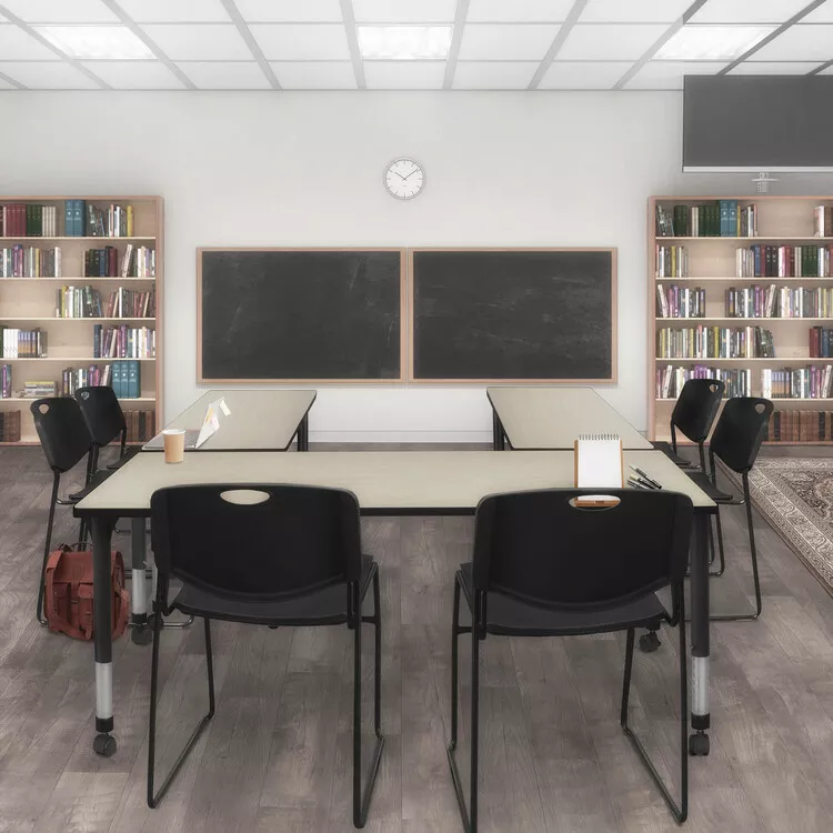 Adjustable Height Mobile Classroom Tables Maple Finish Black Chairs Included - Regency Seating