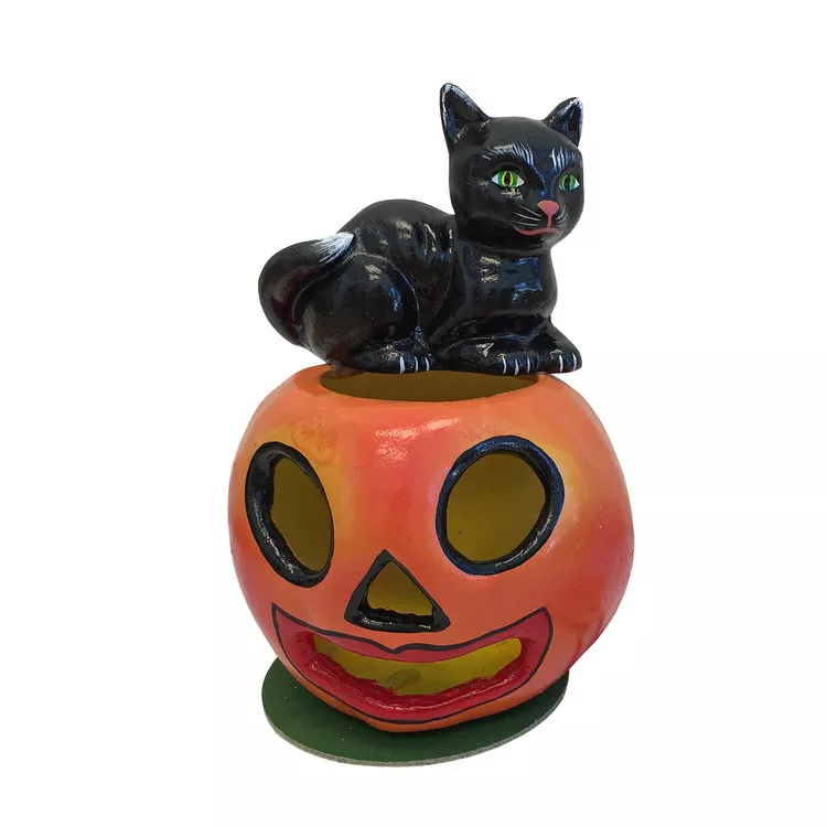Alexander Taron Paper Mache Cat on Pumpkin Candy Container - German Made