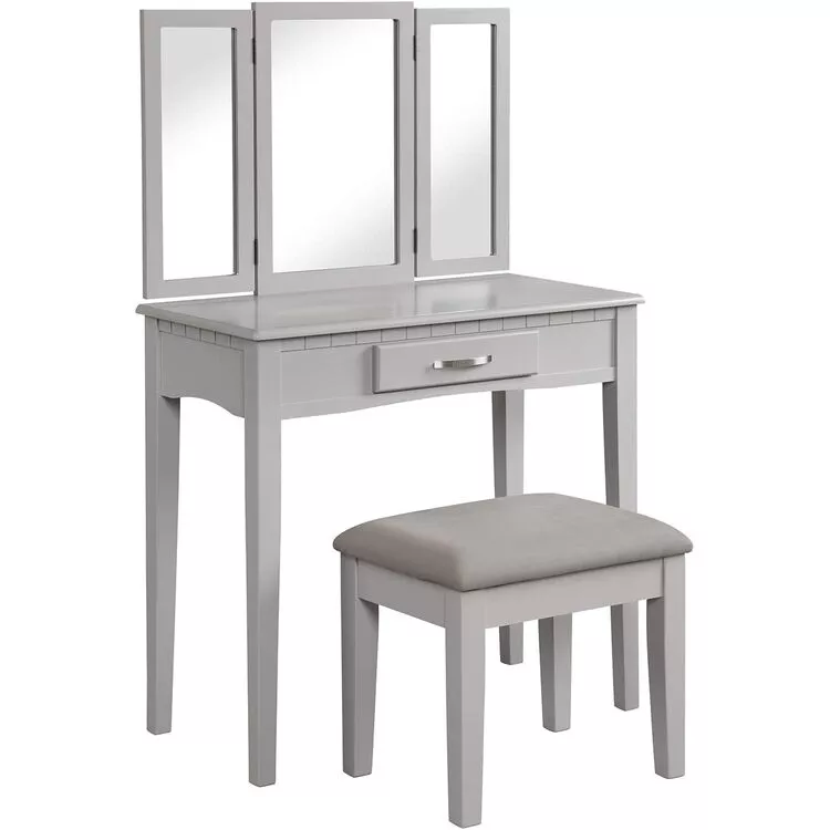 Angel Line Ella Vanity Table & Stool Set w/ Tri-Folding Mirror
