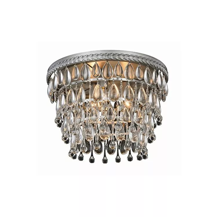 Antique Silver Flush Mount Crystal Light Fixture 3 Lights