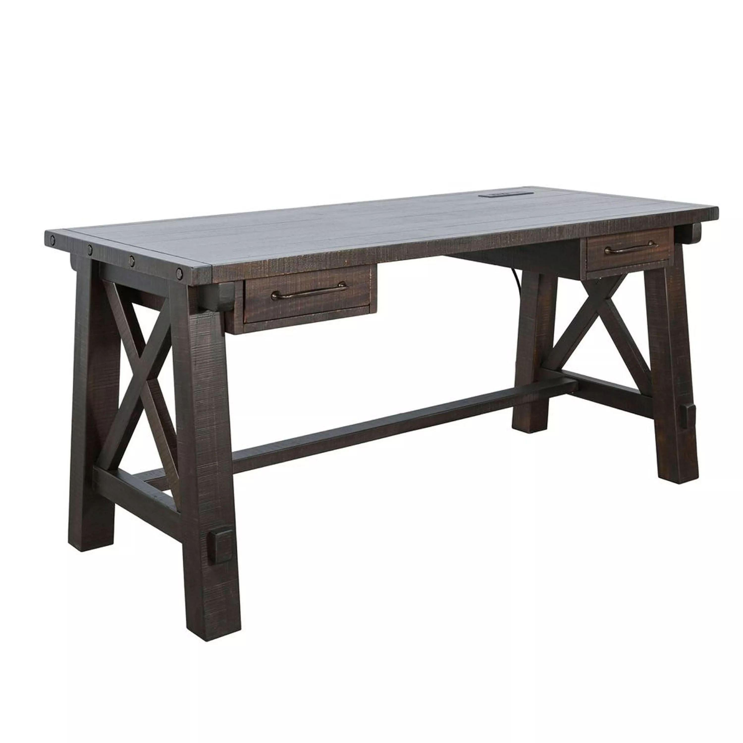 Anva Writing Desk, 58 Inch with Power Plug, Dark Brown Solid Mahogany