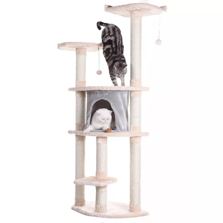 Armarkat Cat Tree 64" with Playhouse & Scratching Posts - Almond
