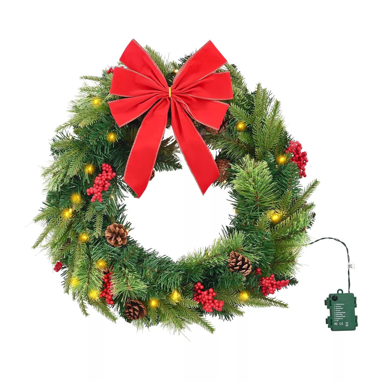 Artificial Christmas Wreath with LED Lights, Timer, Pine Cones and Berries