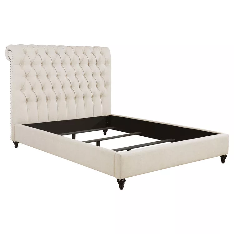 Beige Upholstered Eastern King Bed Cappuccino Finish Transitional Style - Coaster