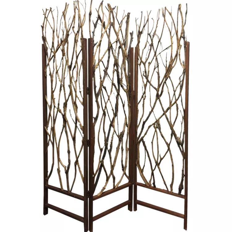 Benjara 3 Panel Contemporary Foldable Wood Screen with Tree Branches, Brown