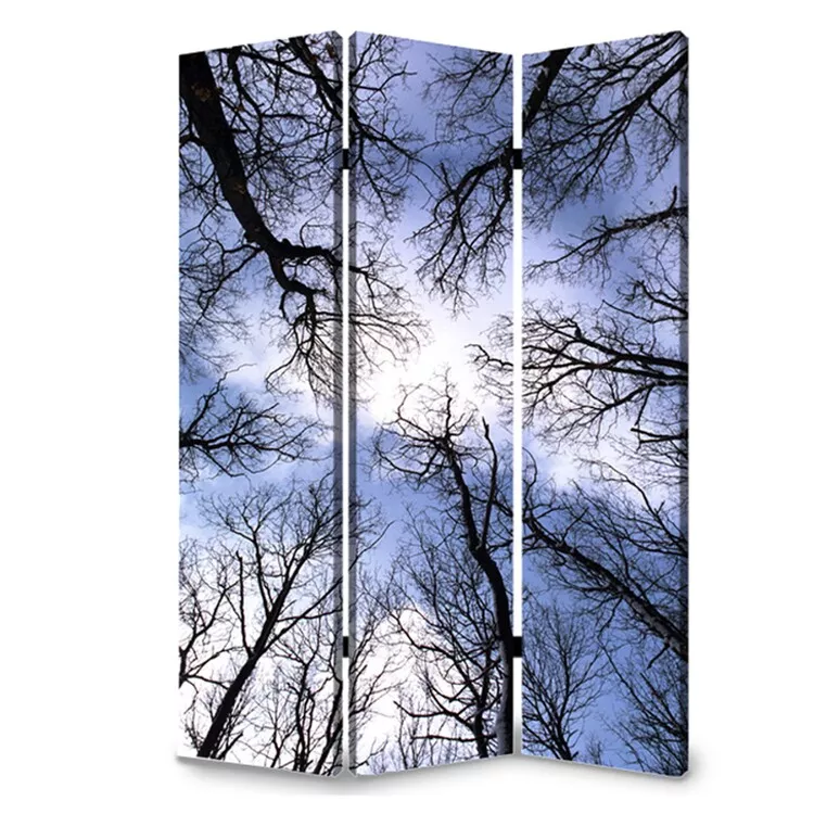 Benjara 3 Panel Foldable Canvas Screen with Tree Print, Black