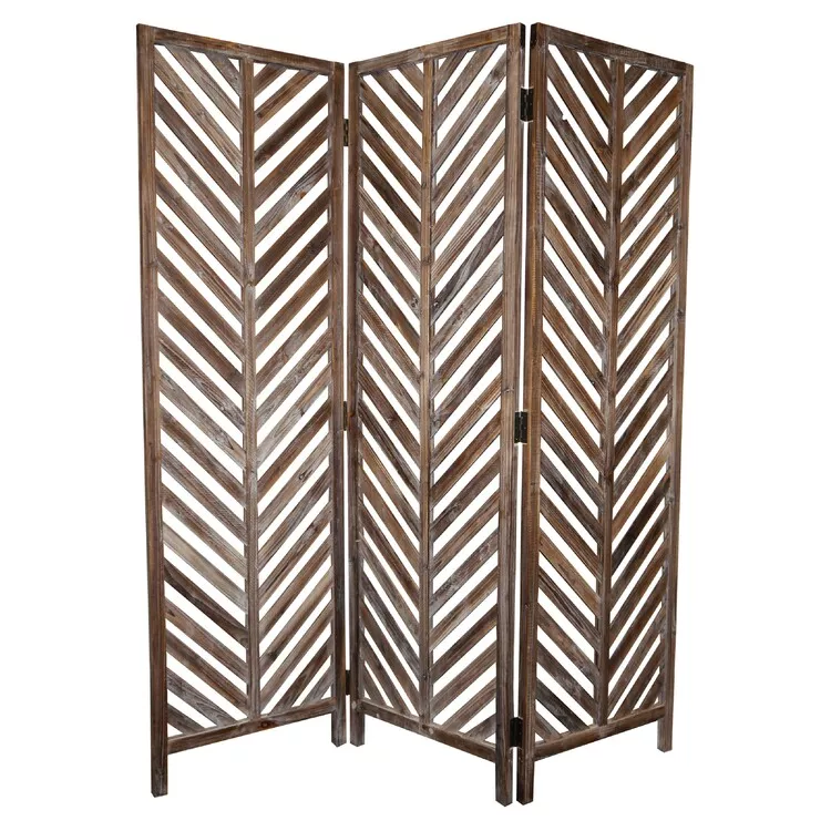 Benjara 3 Panel Foldable Wooden Screen with Herringbone Pattern, Brown