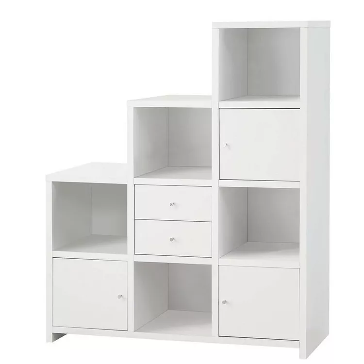 BenJara Asymmetrical Bookcase with Cube Storage Compartments, White
