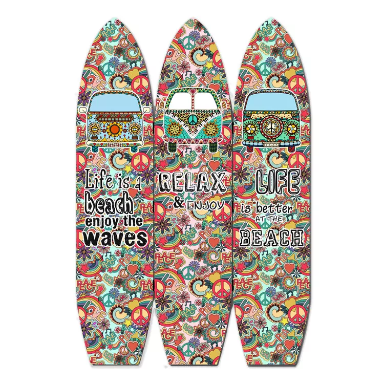 Benjara Beach Themed Surfboard Shaped 3 Panel Room Divider, Multicolor