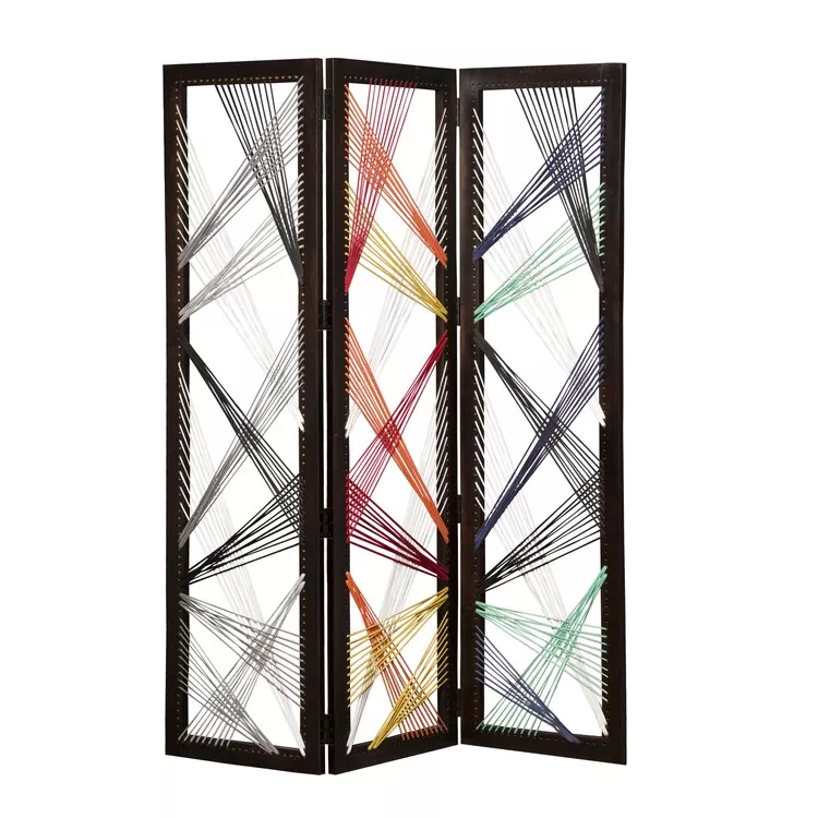 Benjara Contemporary 3 Panel Wooden Screen with Woven String Design, Multicolor
