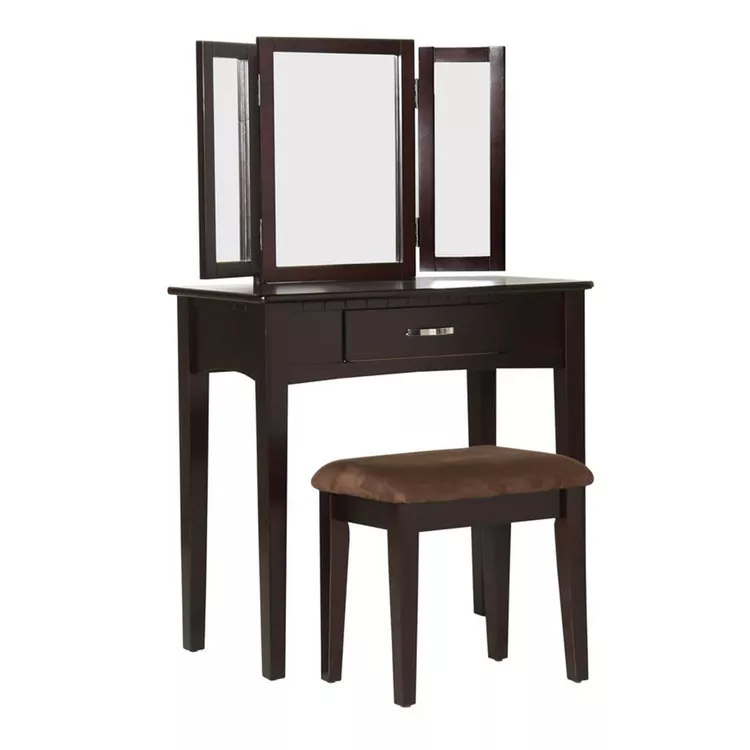 BenJara Simply Awesome Transitional Vanity Table With A Stool, Espresso Finish