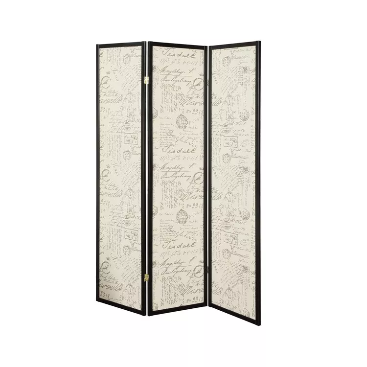 BenJara Three Panel Folding Floor Screen with Postal Script Panels, Brown