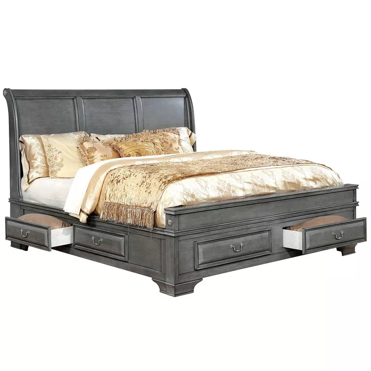 Benjara Transitional Eastern King Wooden Bed with Multiple Bottom Drawers, Gray
