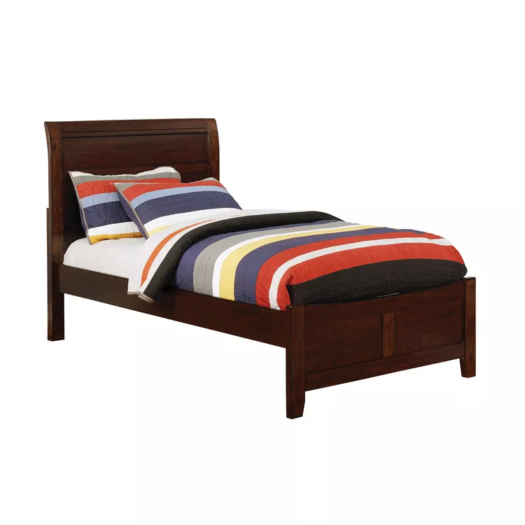 Benjara Transitional Sleigh Twin Bed with Plank Style Headboard, Cherry Brown