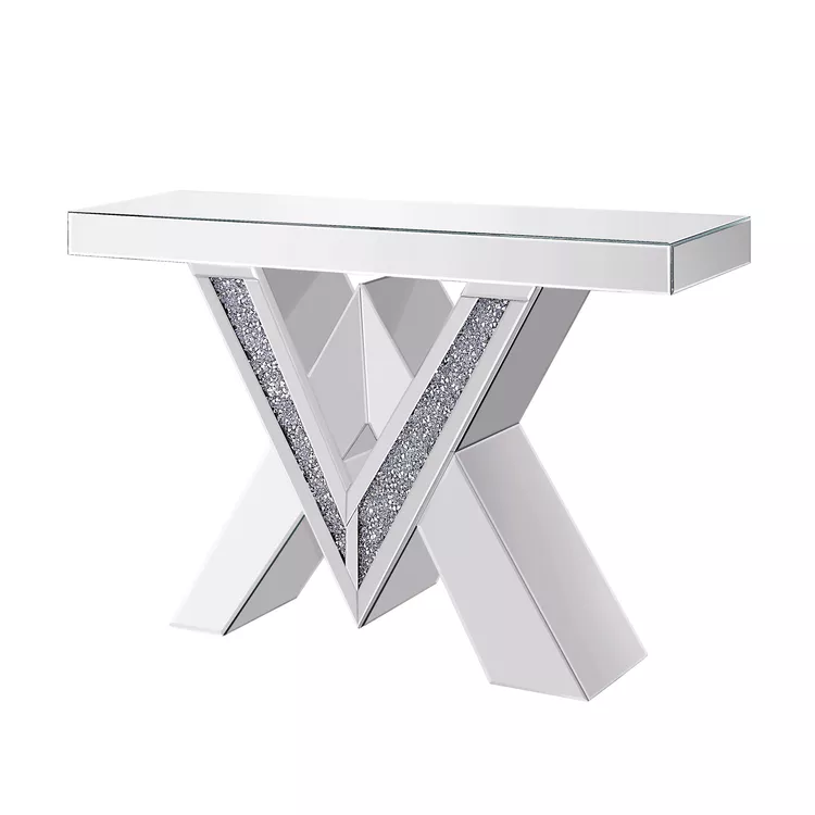 Benjara Wood and Mirror Console Table with Interlocking V Shape Base, Clear