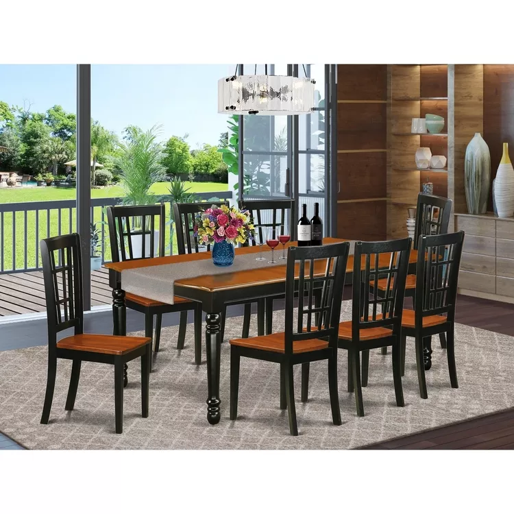 Black Cherry Kitchen Dining Set Rectangular Table Wood Seat Chairs 9PC