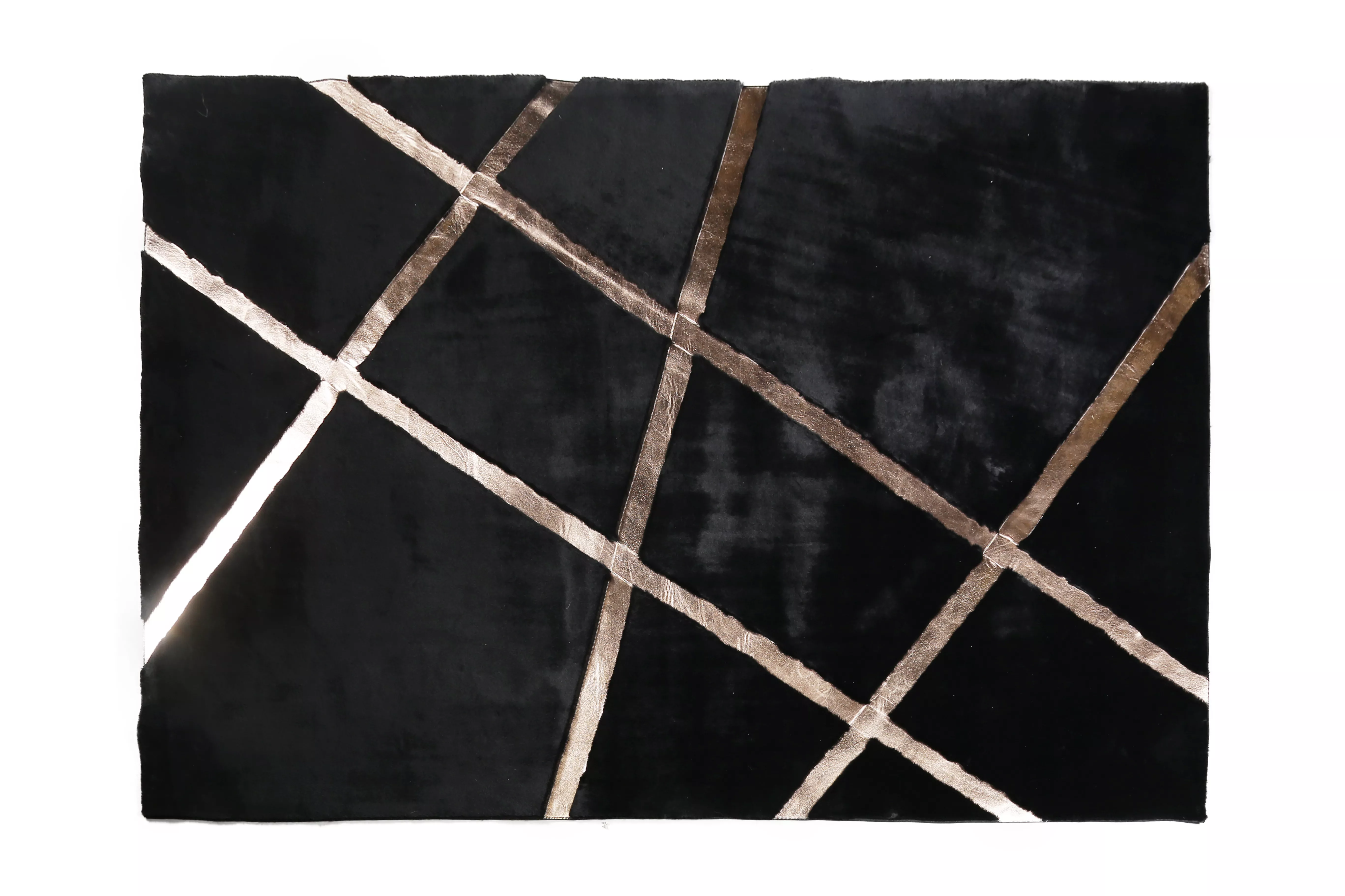 Black Plush Rug with Rose Gold Stripes