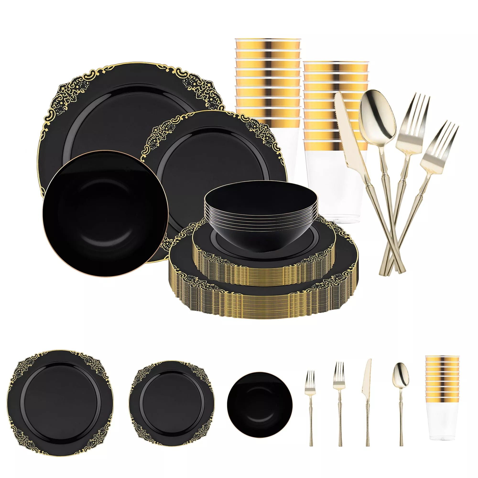 Black with Gold Fancy Round Plastic Tableware Set (120 Sets)