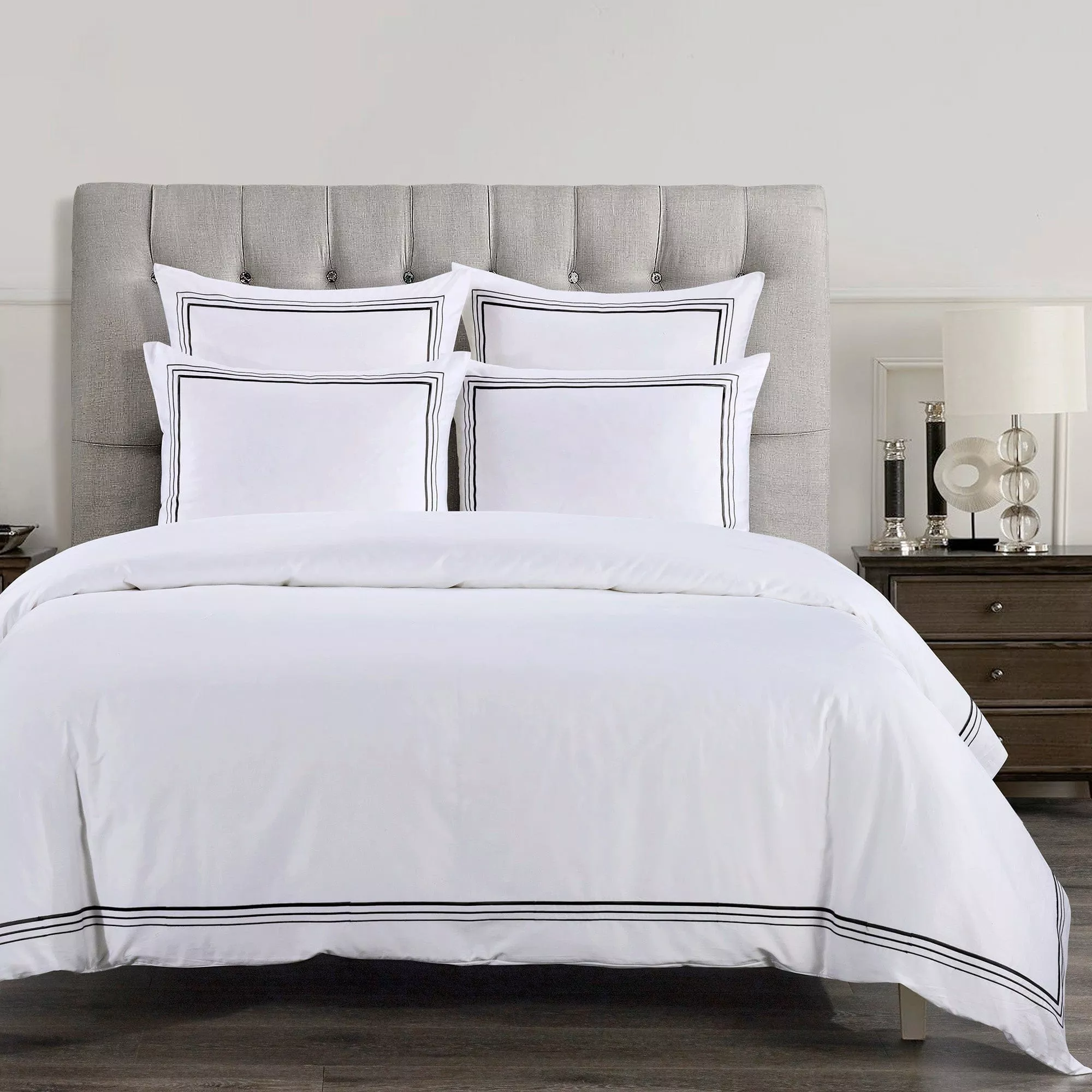 Border Embroidery King Black Duvet Cover Set
