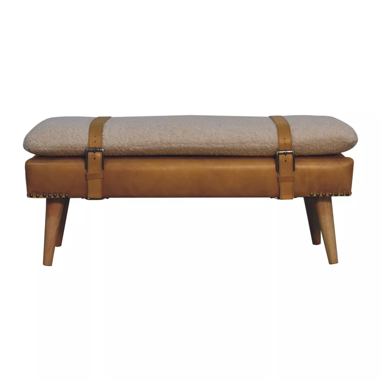 Boucle Buffalo Hide Tan Leather Bench