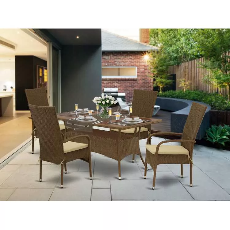 Brown Wicker Outdoor Dining Set 5Pc Patio Table & Armchair