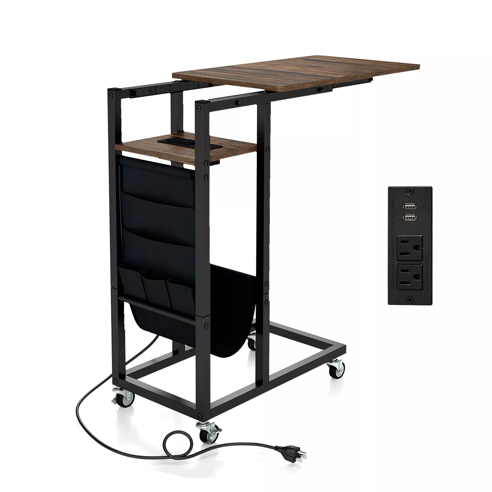 C-shaped End Table with Charging Station and Retractable Tabletop
