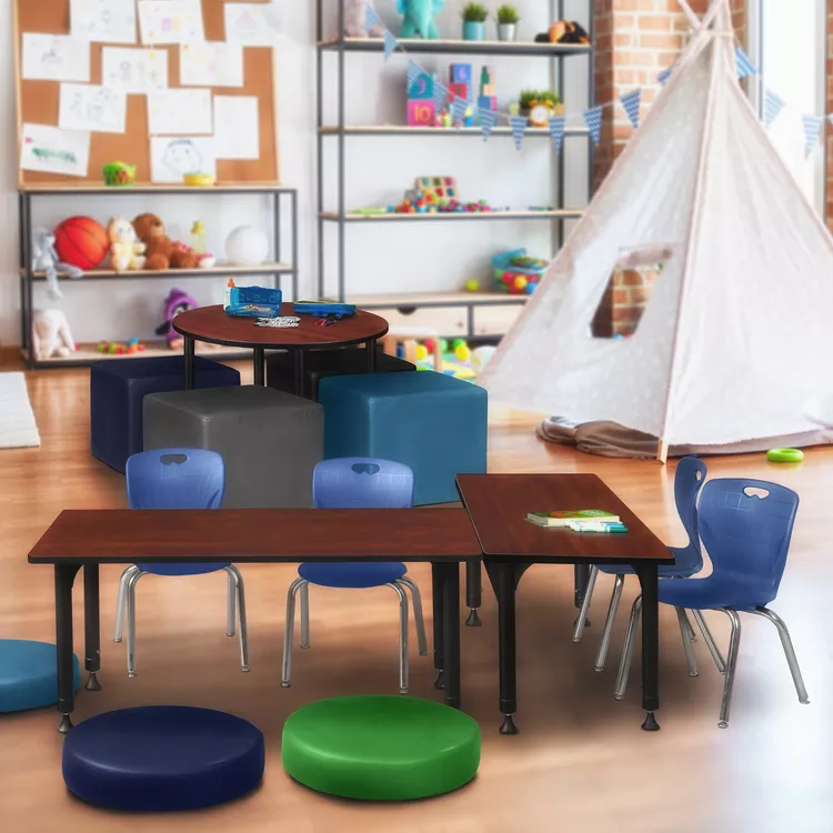 Cherry Height Adjustable Classroom Table & Navy Blue Stack Chairs - Regency Seating