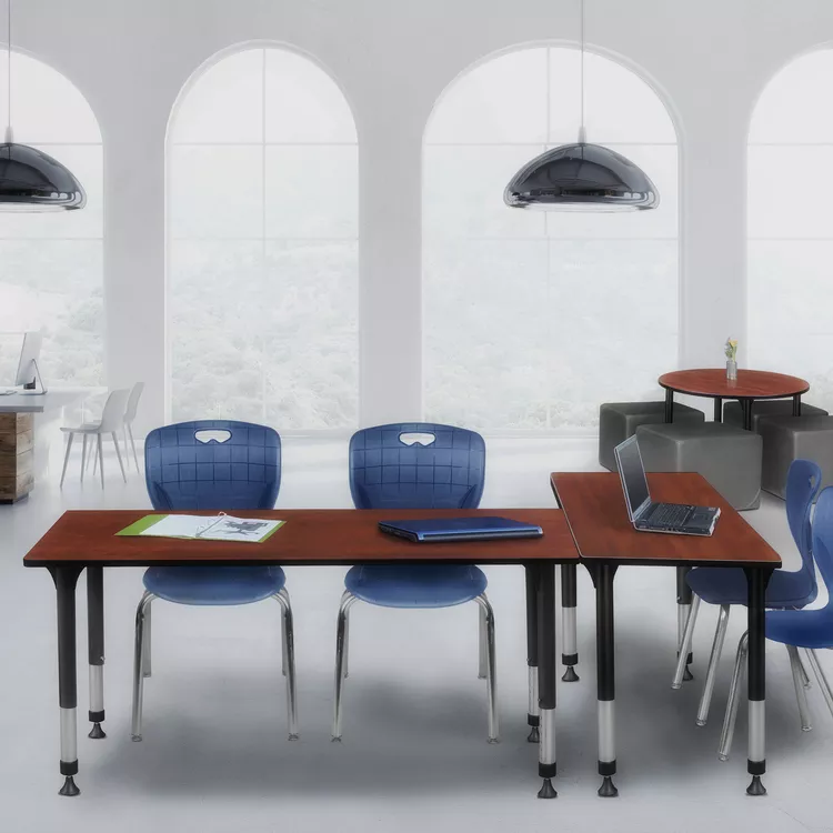 Cherry Height Adjustable Classroom Table and Navy Blue Stack Chairs Set - Regency Seating